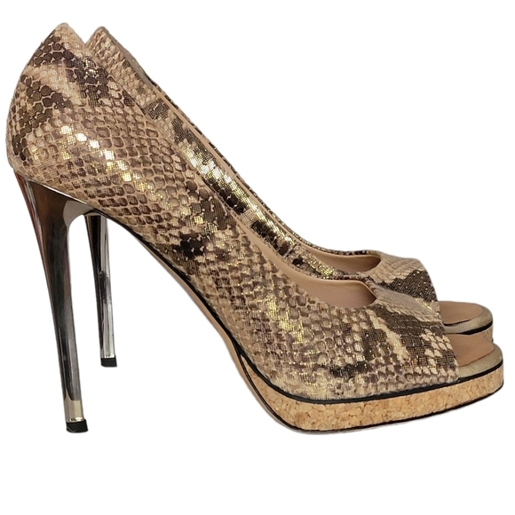 GUISEPPE Zanotti Peep-toe Pump Gold Snake Cork Platform Mirror Heels - Picture 6 of 9